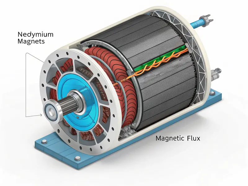 A cross-sectional view of an electric vehicle motor highlighting the placement of Neodymium magnets within the rotor.