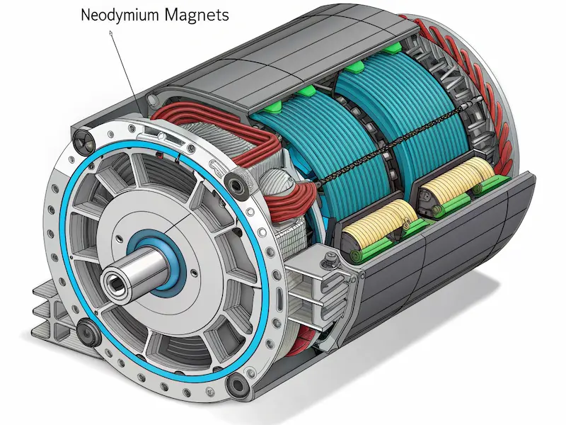 A detailed diagram showing the arrangement of Neodymium car magnets within an electric vehicle motor rotor, highlighting magnetic flux lines.